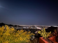 a couple sits on a rooftop overlooking the moon and cactus